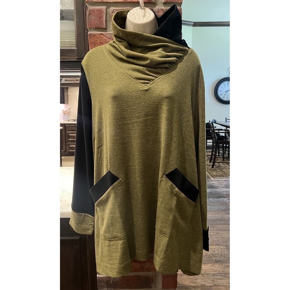 Terra SJ Apparel Tunic Cowl Neck  XXL Black Green Abstract Pockets Artsy